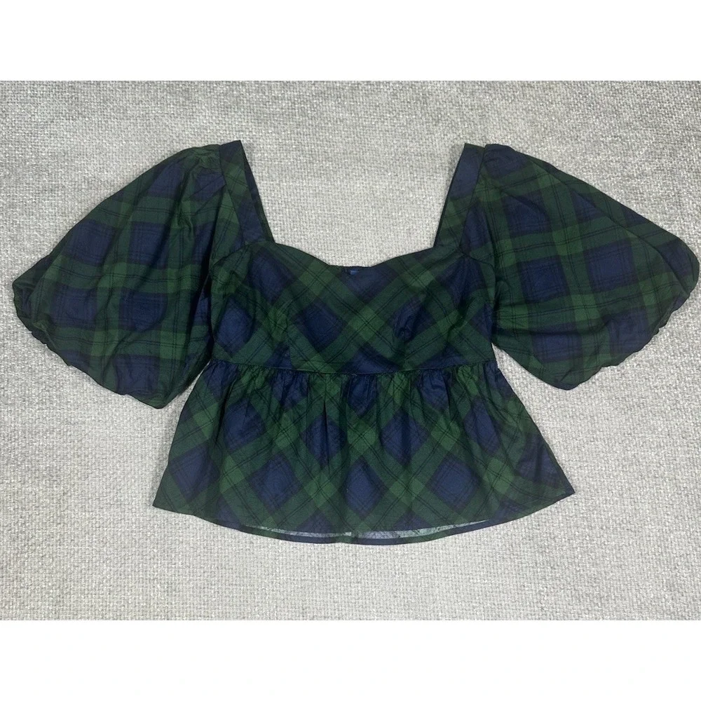 Old Navy Blackwatch Plaid Peplum Top Womens XS Short Puff Sleeve Cotton NWT